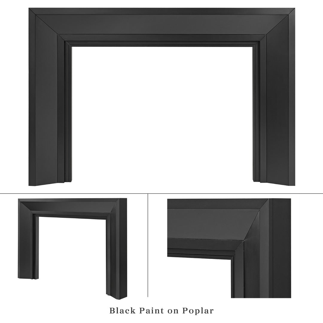 Everly mantel surround in black painted on poplar, shown from three angles: full front view, side profile, and close-up corner detail highlighting the wood grain and miter joinery. 