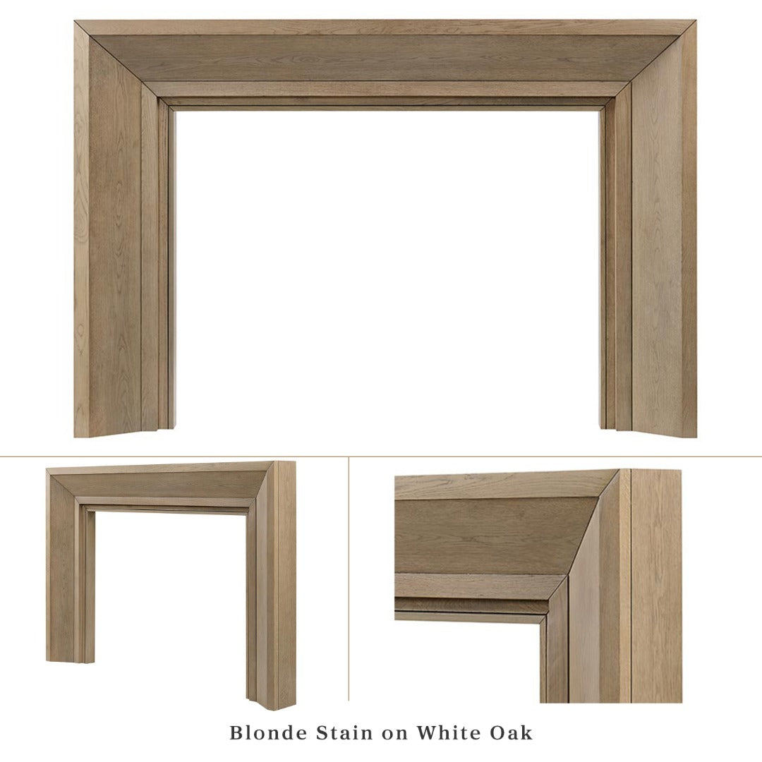 Everly mantel surround in blonde stain on white oak, shown from three angles: full front view, side profile, and close-up corner detail highlighting the wood grain and miter joinery.