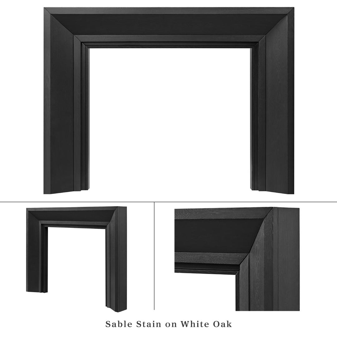 Everly mantel surround in sable stain on white oak, shown from three angles: full front view, side profile, and close-up corner detail highlighting the wood grain and miter joinery.