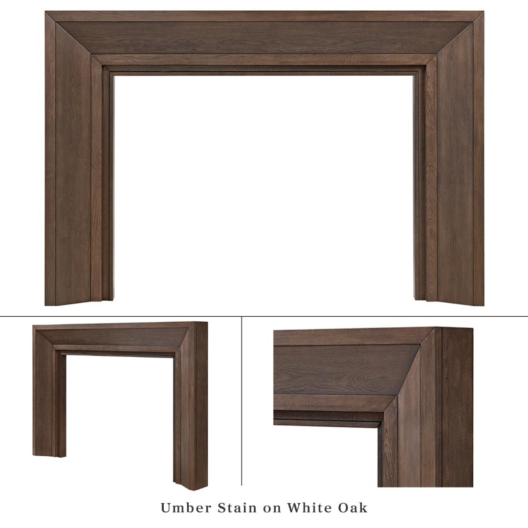 Everly mantel surround in umber stain on white oak, shown from three angles: full front view, side profile, and close-up corner detail highlighting the wood grain and miter joinery.