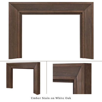 Everly mantel surround in umber stain on white oak, shown from three angles: full front view, side profile, and close-up corner detail highlighting the wood grain and miter joinery.