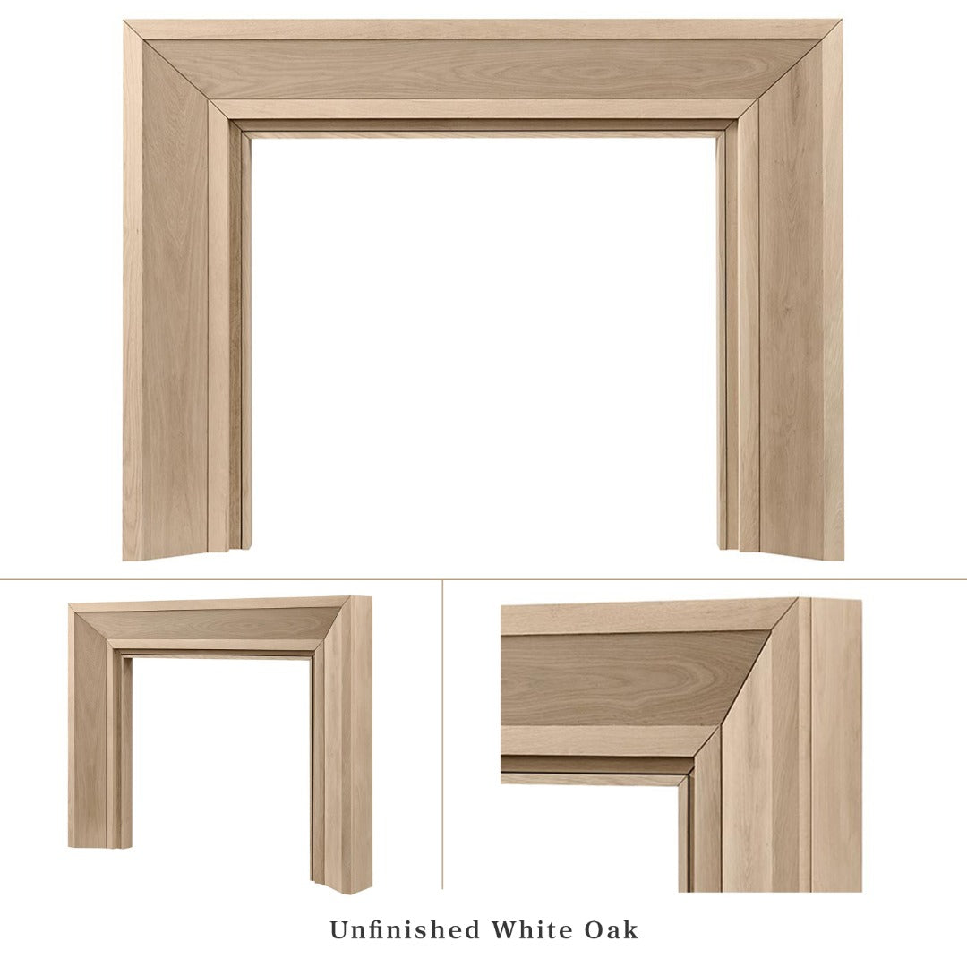 Everly mantel surround in Unfinished white oak, shown from three angles: full front view, side profile, and close-up corner detail highlighting the wood grain and miter joinery.