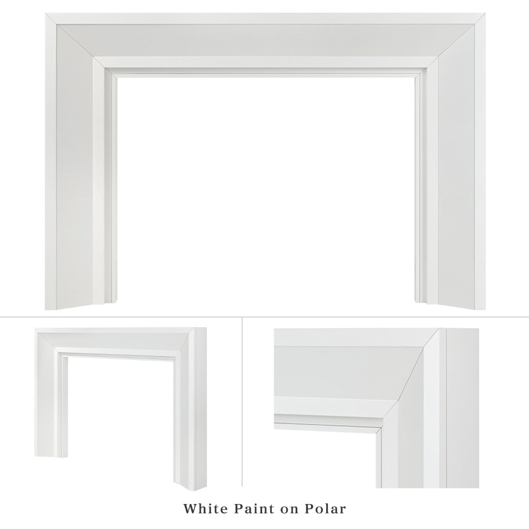 Everly mantel surround in white painted on poplar, shown from three angles: full front view, side profile, and close-up corner detail highlighting the wood grain and miter joinery.