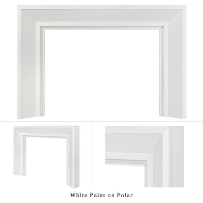 Everly mantel surround in white painted on poplar, shown from three angles: full front view, side profile, and close-up corner detail highlighting the wood grain and miter joinery.
