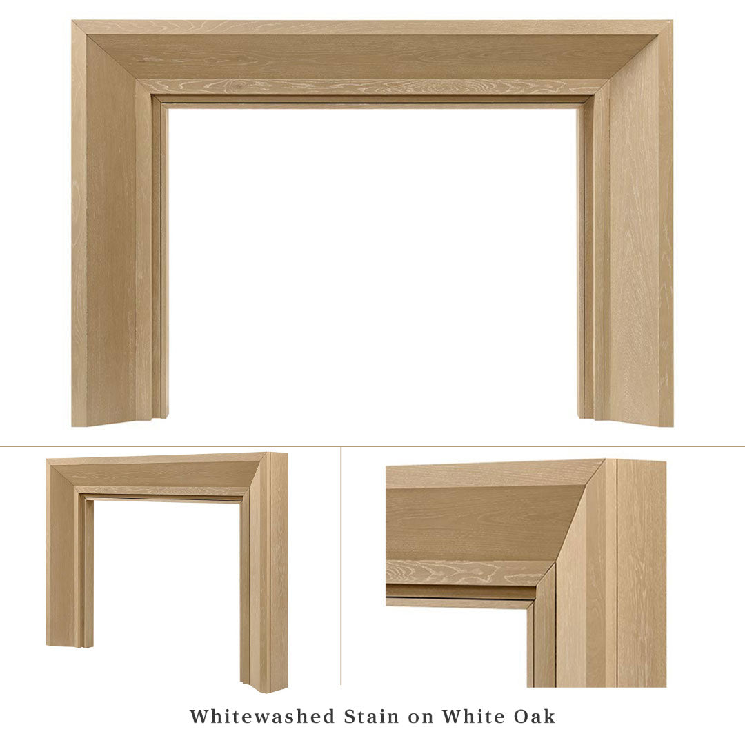 Everly mantel surround in whitewash stain on white oak, shown from three angles: full front view, side profile, and close-up corner detail highlighting the wood grain and miter joinery.