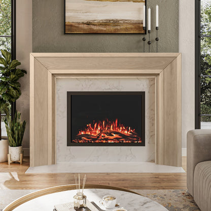 Everly Mantel Surround in unfinshed wood, installed around an electric fireplace, highlighting its clean lines and modern transitional style.
