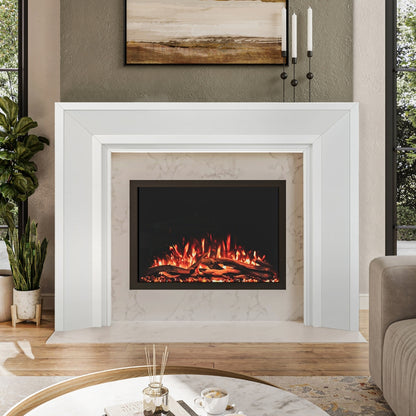 Everly Mantel Surround in white wood finish, installed around an electric fireplace, highlighting its clean lines and modern transitional style.