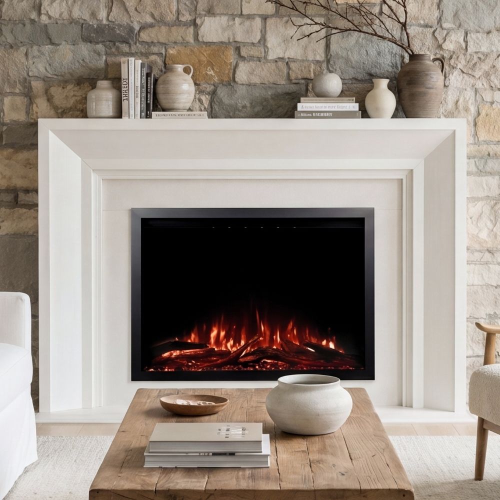 A electric fireplace insert with glowing orange and red faux flames, set within a white mantel against a rustic stone wall, with a wooden coffee table in the foreground.
