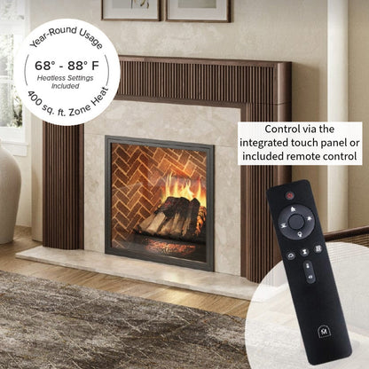 Modern Ember electric fireplace insert with walnut surround and marble tile facade in a neutral living room — includes remote control