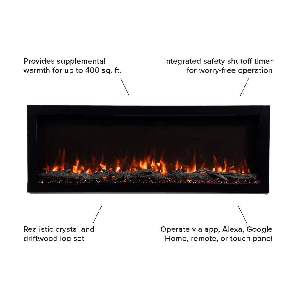 Technical diagram illustrating the Highmark electric fireplace dimensions, showing options for supplemental heat, safety shutoff timer, realistic crystals and logs, and smart options. 