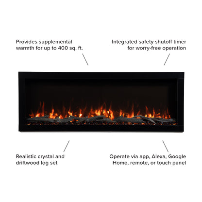 Technical diagram illustrating the Highmark electric fireplace dimensions, showing options for supplemental heat, safety shutoff timer, realistic crystals and logs, and smart options. 