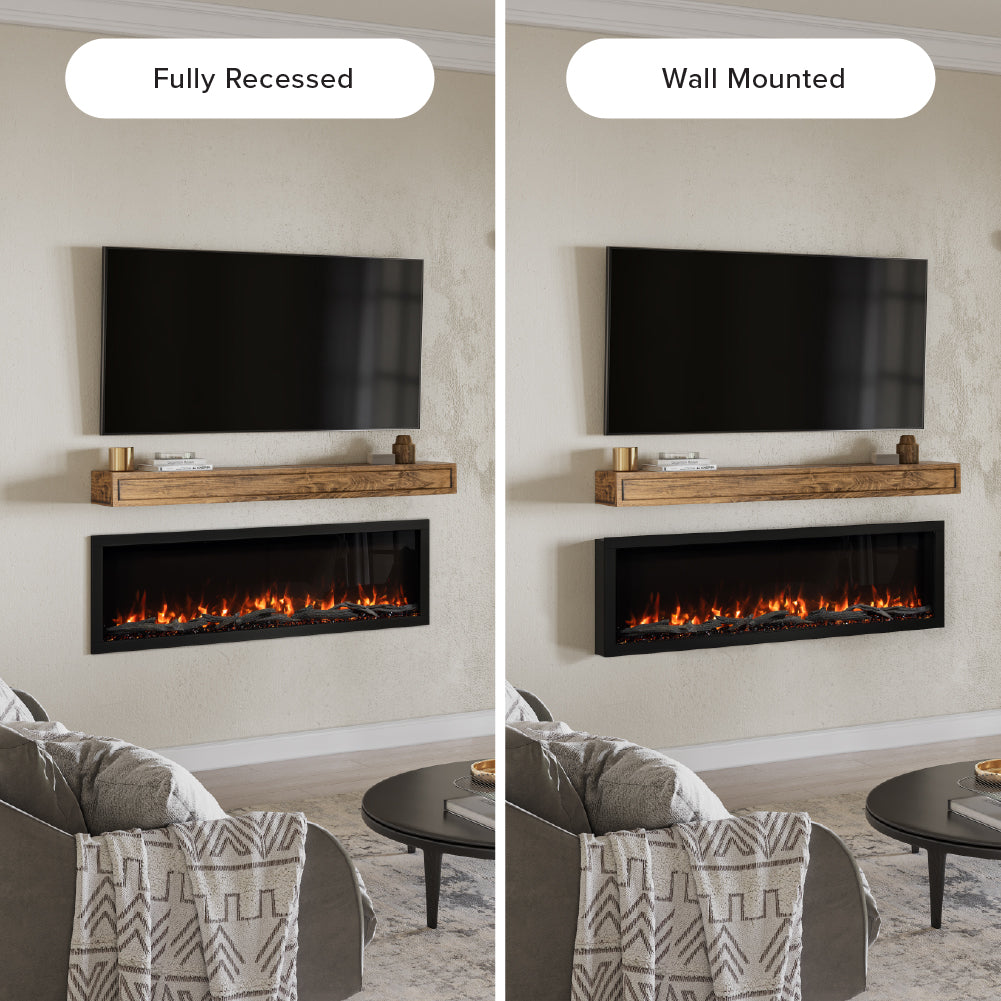 Modern Ember 60-in Highmark Linear Electric Fireplace showing options for wall-mount or recess installation and slim frame.