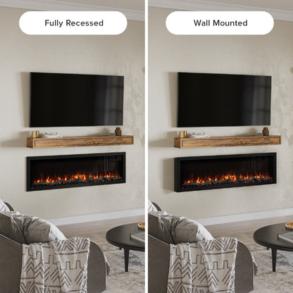 Modern Ember 60-in Highmark Linear Electric Fireplace showing options for wall-mount or recess installation and slim frame.