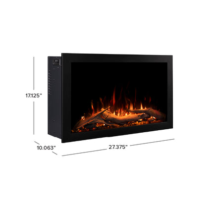 Side view diagram of the 26 inch Highmark Traditional Fireplace, illustrating the depth required for a seamless built-in finish.