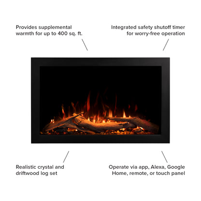 Highmark Traditional Fireplace with flames, showcasing the deep firebox, supplemental heat, shutoff timer, realistic crystal and log set, and smart features. 