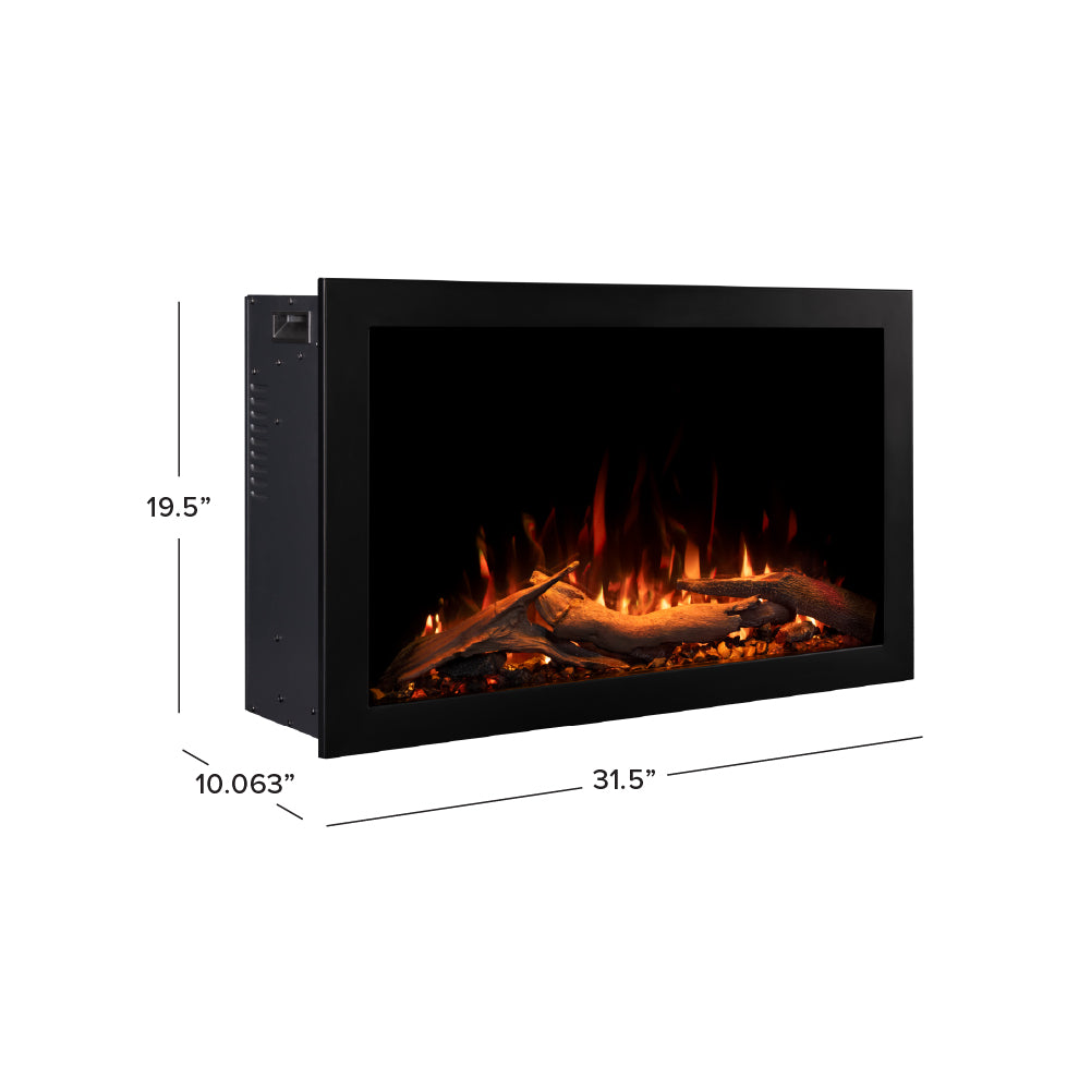 Side view diagram of the 30inch Highmark Traditional Built-in Fireplace, showing the unit dimensions for installation. 