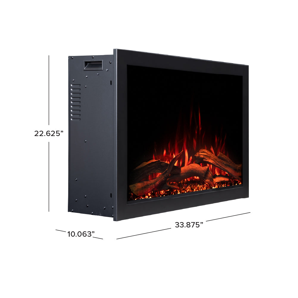 Side view diagram of the 33inch Highmark Fireplace, showing the overall size and heating unit placement.