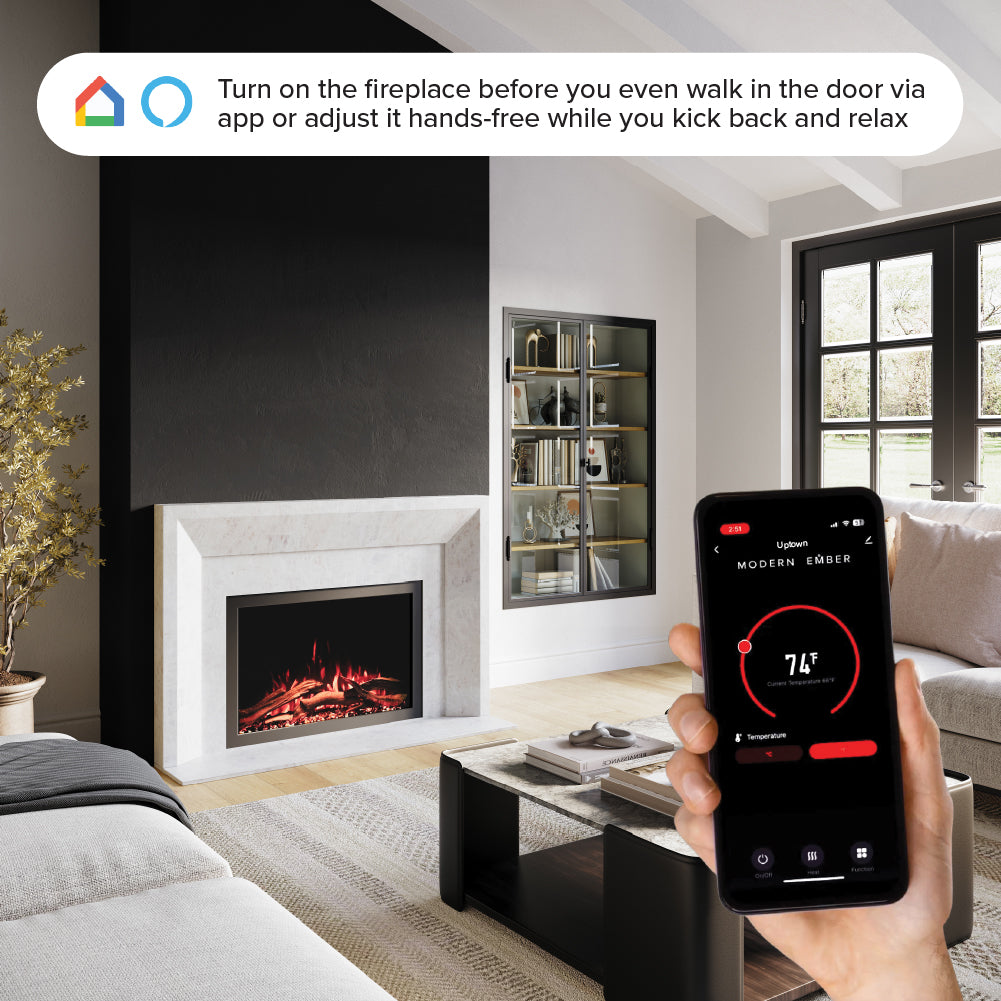 Highmark Traditional Fireplace with white trim, showing a hand controlling the settings via the smartphone app.