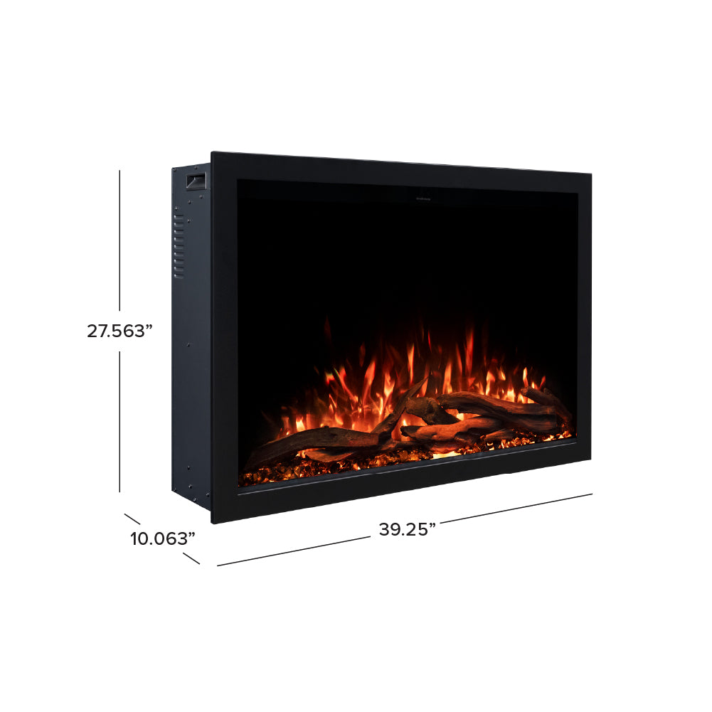 Side view diagram of the 38 inch Highmark Fireplace, showing the overall size and heating unit placement.