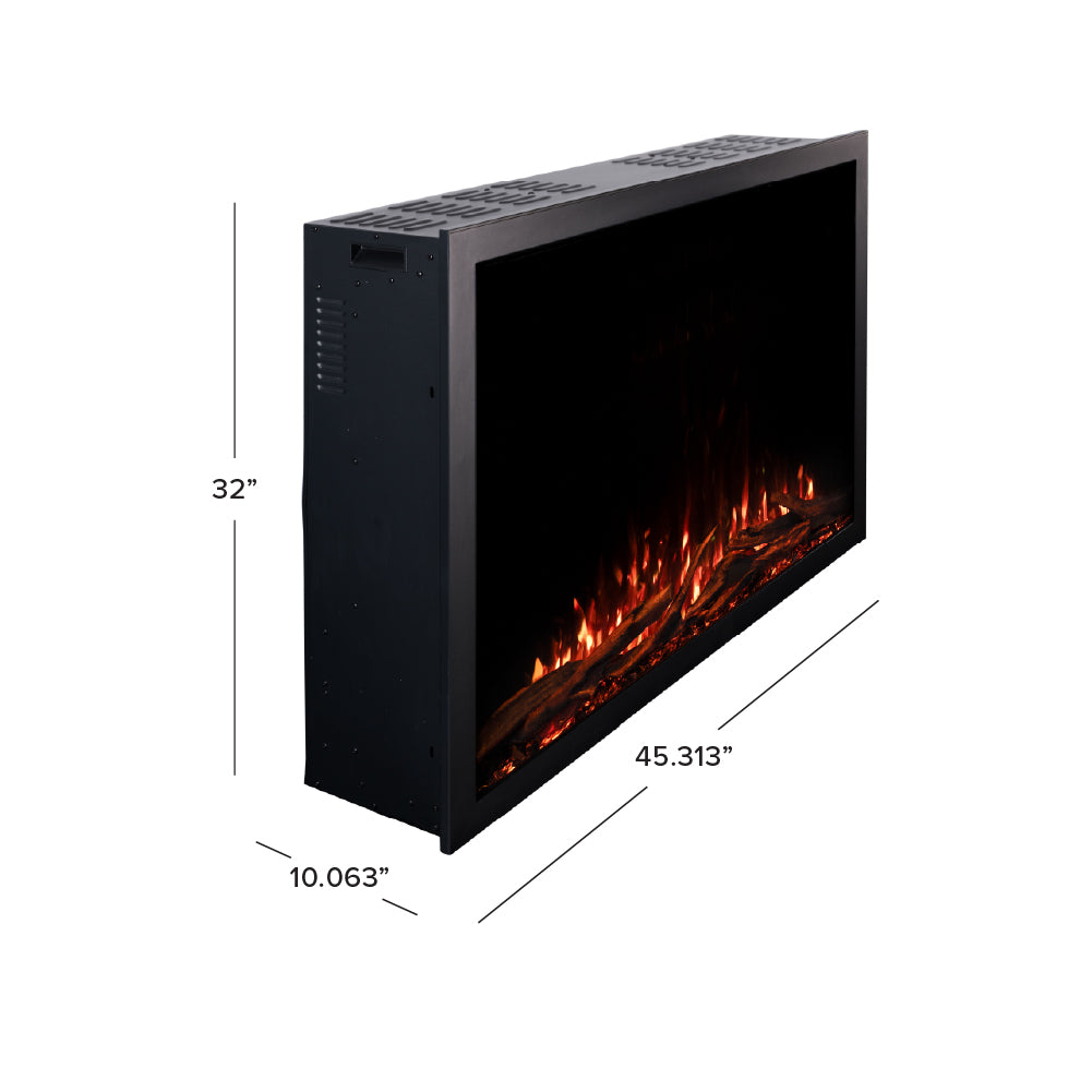Side view diagram of the 44inch Highmark Fireplace, showing the overall size and heating unit placement.