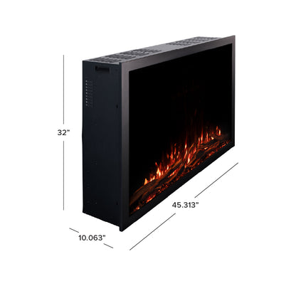 Side view diagram of the 44inch Highmark Fireplace, showing the overall size and heating unit placement.