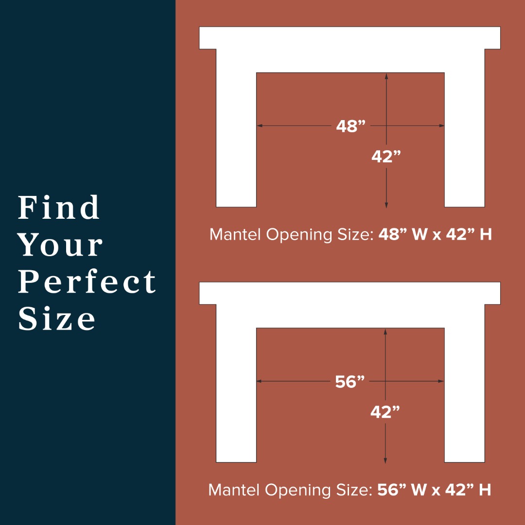 Size comparison diagram for the Modern Ember mantel surround showing two available opening sizes: 48 inches wide by 42 inches high, and 56 inches wide by 42 inches high, illustrated as white silhouettes on a rust-red background.