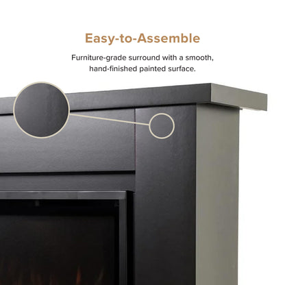 Close-up of the Black Patton fireplace surround with text reading 'Easy-to-Assemble' and a circular detail callout showing the hand-finished painted surface.