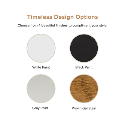 A color options graphic titled 'Timeless Design Options' showing four circular finish samples: White Paint, Black Paint, Gray Paint, and Provincial Stain, with small labels beneath each circle on a white background.