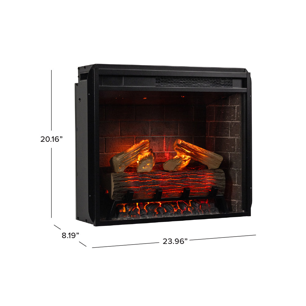 Electric fireplace insert with glowing logs and dimensions on a white background