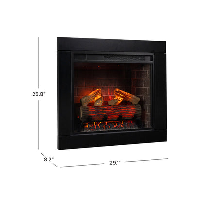 Electric fireplace insert with glowing logs and dimensions on a white background