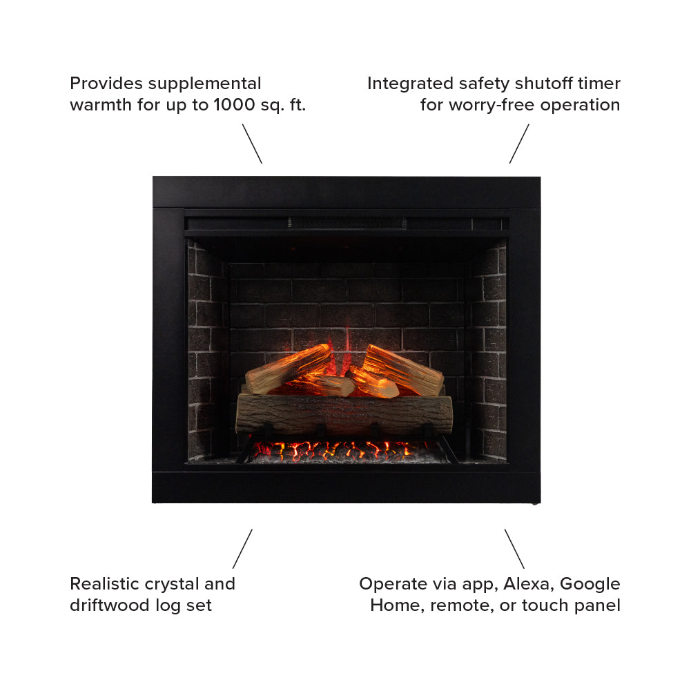 Straight-on view of the Uptown Smart Electric Insert with flames off, highlighting the log set and simple design.