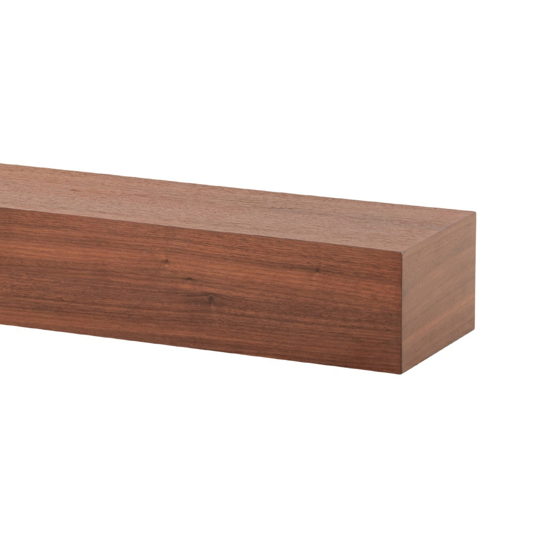 angled shot of Walnut Creek 72-in Wood Mantel Shelf - Burnished Walnut  Finish