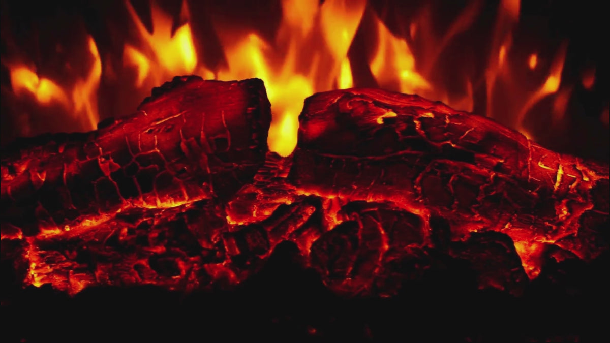 Load video: close up of electric fireplaces flames showcasing he realistic logs and flames. 