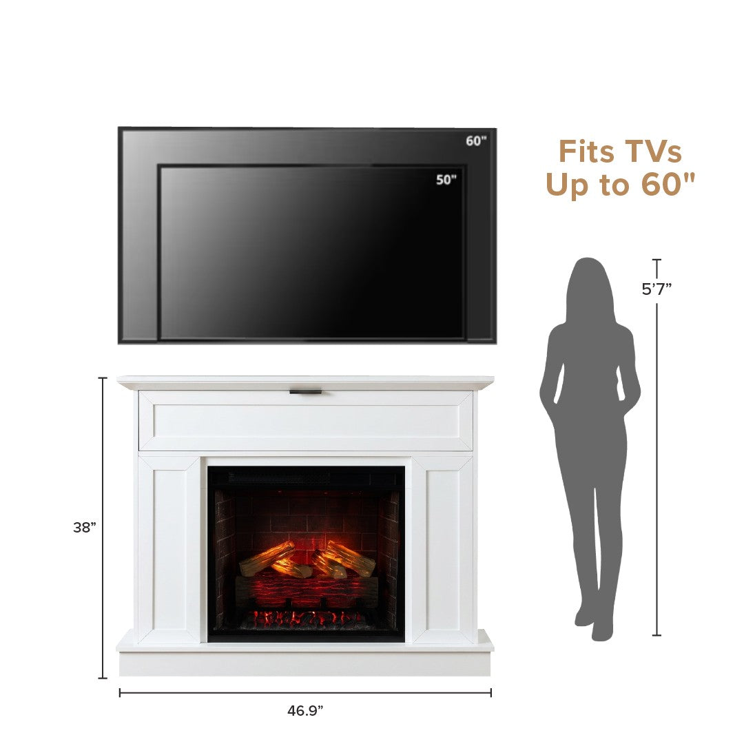 White electric fireplace and mantel package with a mounted black TV above it, shown with dimension labels (38 inches height, 46.9 inches width) and text stating 'Fits TVs Up to 60"' next to a gray human silhouette.