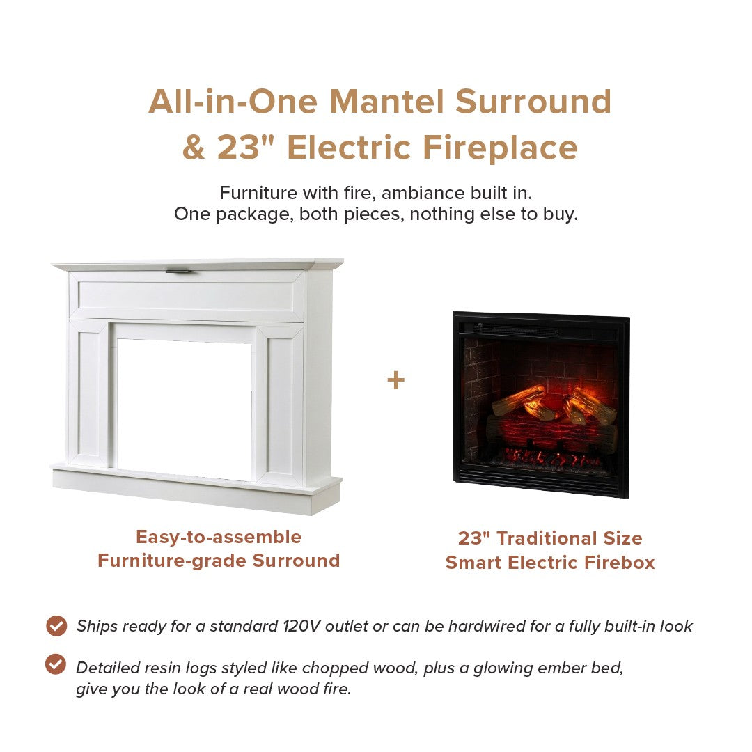 Graphic for an all-in-one Tillary mantel surround and 23-inch electric fireplace package, showing a white mantel on the left and a black electric fireplace on the right with text describing the bundle and features.