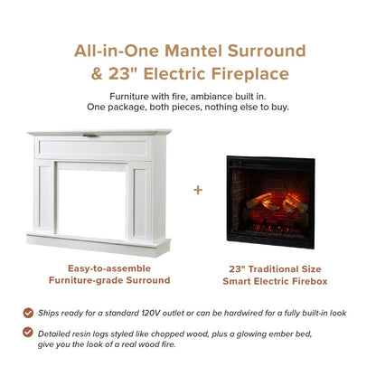 Graphic for an all-in-one Tillary mantel surround and 23-inch electric fireplace package, showing a white mantel on the left and a black electric fireplace on the right with text describing the bundle and features.