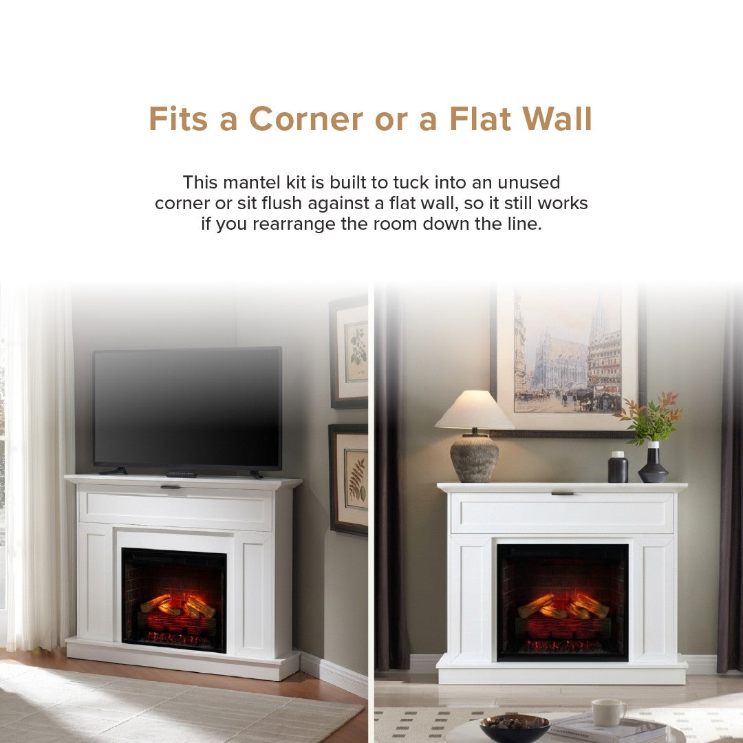 Showing that the Tillary mantel package can be placed in an open corner or flush to a wall. Text at the top explains that the mantel kit fits a corner or flat wall.