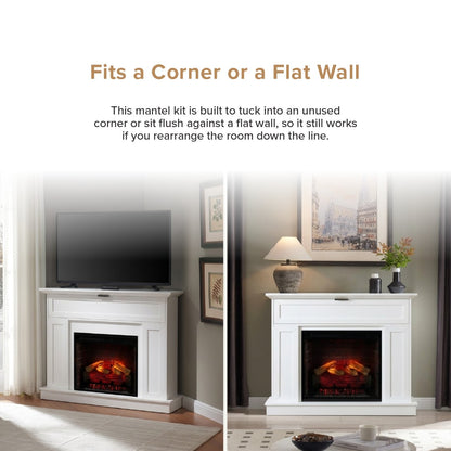 Showing that the Tillary mantel package can be placed in an open corner or flush to a wall. Text at the top explains that the mantel kit fits a corner or flat wall.