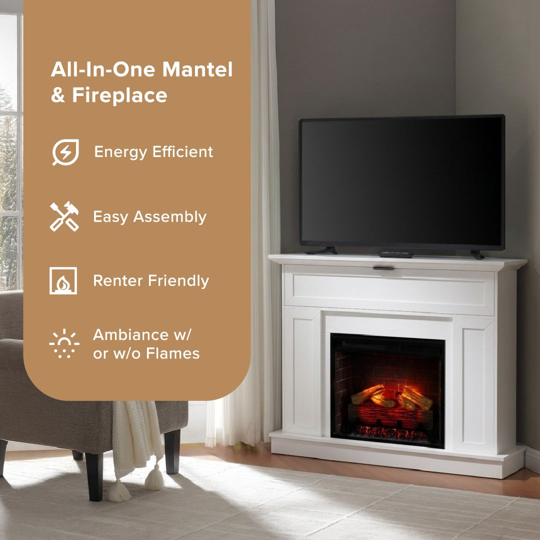 White corner fireplace mantel package with an inset electric fireplace showing glowing logs, with a black TV mounted above. A large tan text panel on the left reads 'All-In-One Mantel & Fireplace' with feature icons and text including 'Energy Efficient', 'Easy Assembly', 'Renter Friendly', and 'Ambiance w/ or w/o Flames'.