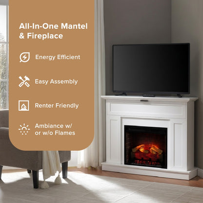 White corner fireplace mantel package with an inset electric fireplace showing glowing logs, with a black TV mounted above. A large tan text panel on the left reads 'All-In-One Mantel & Fireplace' with feature icons and text including 'Energy Efficient', 'Easy Assembly', 'Renter Friendly', and 'Ambiance w/ or w/o Flames'.