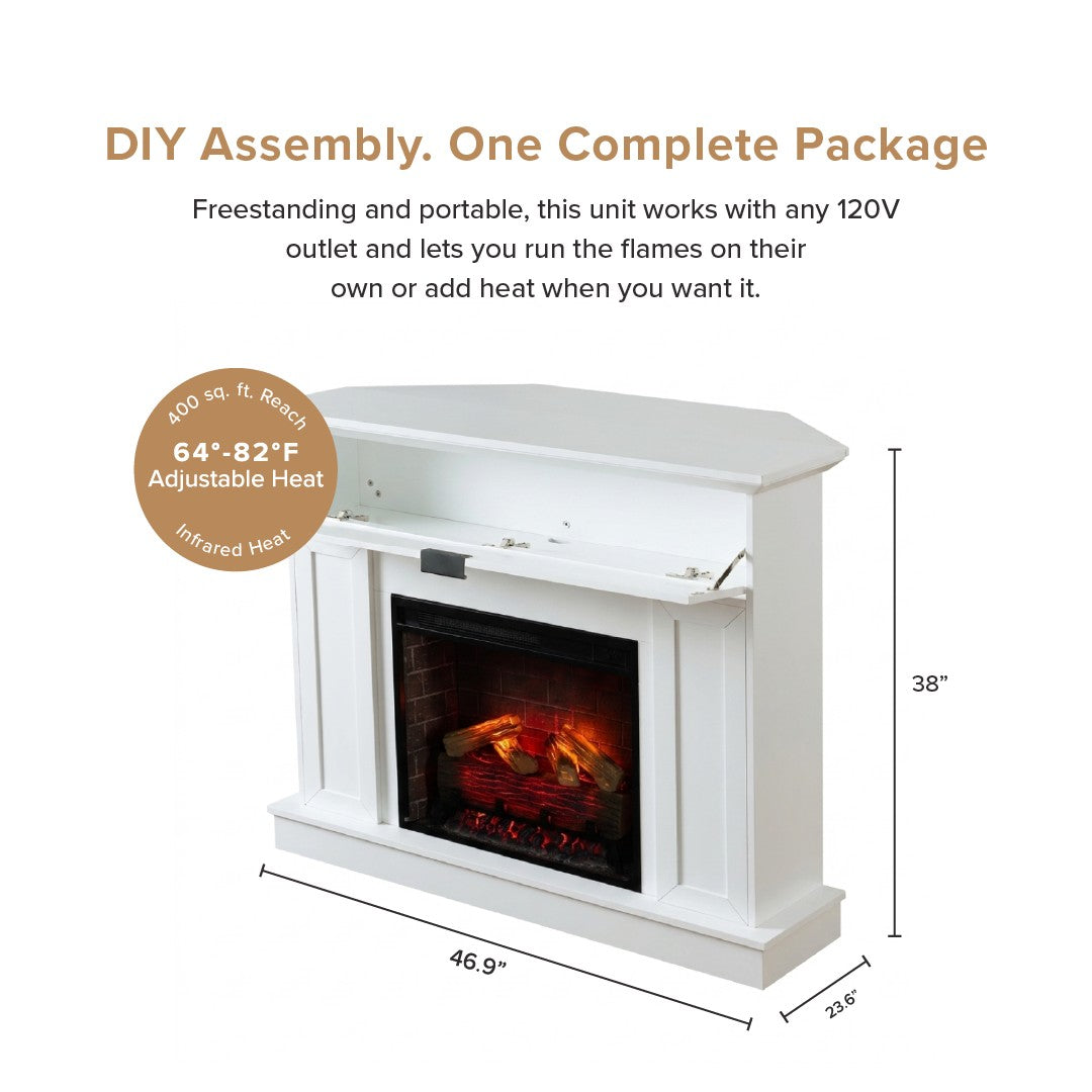 White freestanding electric fireplace with dimension labels showing 46.9 inches wide, 23.