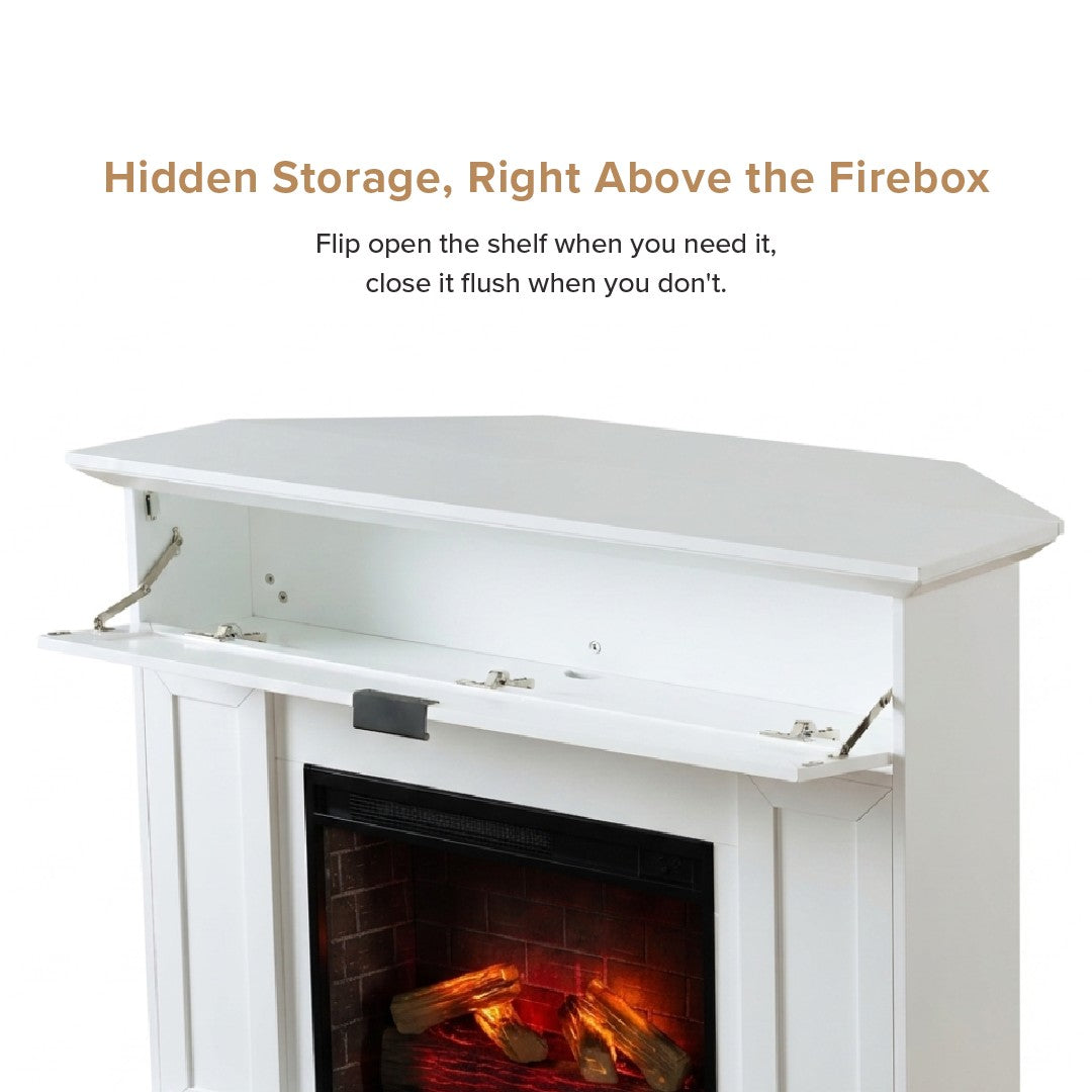 White electric fireplace mantel with a hinged top shelf shown open to reveal hidden storage space above the mantel package, with text explaining the storage feature.