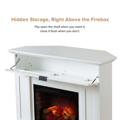 White electric fireplace mantel with a hinged top shelf shown open to reveal hidden storage space above the mantel package, with text explaining the storage feature.