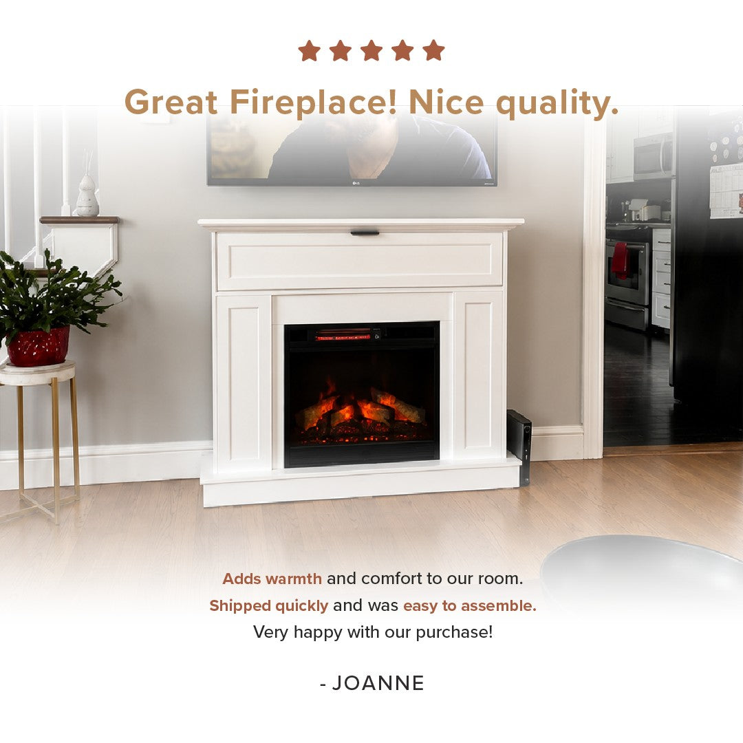 The Tillary white mantel package on a wall in a living room setting, with a TV mounted above it. The fireplace has a black firebox with glowing orange and red faux flames. A customer review is at the bottom of the image.