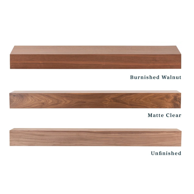 Three wood boards shown horizontally on a white background, labeled 'Burnished Walnut,' 'Matte Clear,' and 'Unfinished' to show finish options.