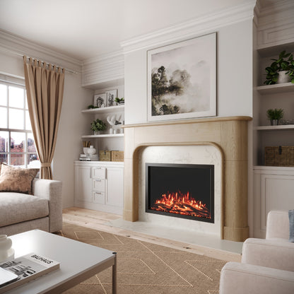 Modern Ember Willow Bend Mantel fireplace Surround in Blonde with sleek black firebox, realistic gas logs, and warm flame, contemporary electric fireplace design for living rooms.