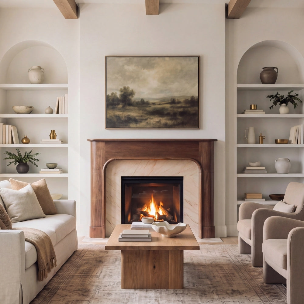A beautifully styled living room featuring a central fireplace with a dark wood mantel and a landscape painting above it. The room is symmetrically arranged with built-in white arched shelves on both sides, a light beige sofa on the left, and two matching armchairs on the right, all set on a rustic wood rug.