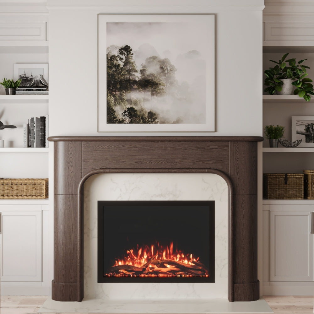 Modern Ember Willow Bend Mantel fireplace Surround in Walnut with sleek black firebox, realistic gas logs, and flame, contemporary electric fireplace design for living rooms.
